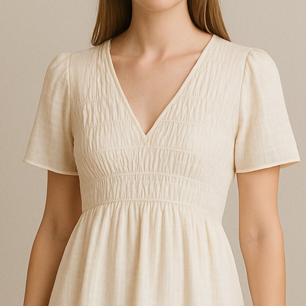 Smocked Off White Short Sleeve Midi Summer Dress‎ Size Medium - Picture 3 of 13